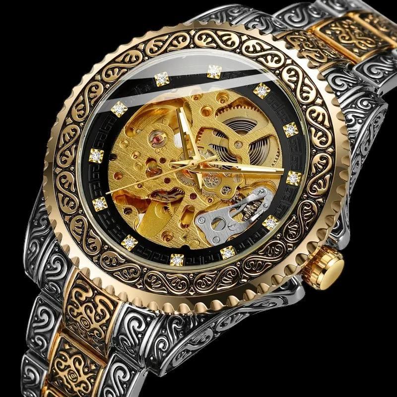 Royal Skeleton Watch – Vintage Gold & Silver Engraved Mechanical Timepiece