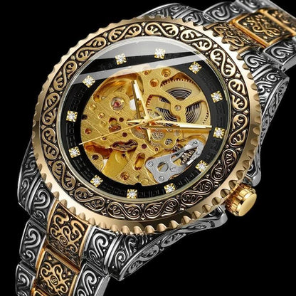 Royal Skeleton Watch – Vintage Gold & Silver Engraved Mechanical Timepiece