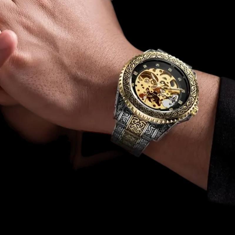 Royal Skeleton Watch – Vintage Gold & Silver Engraved Mechanical Timepiece