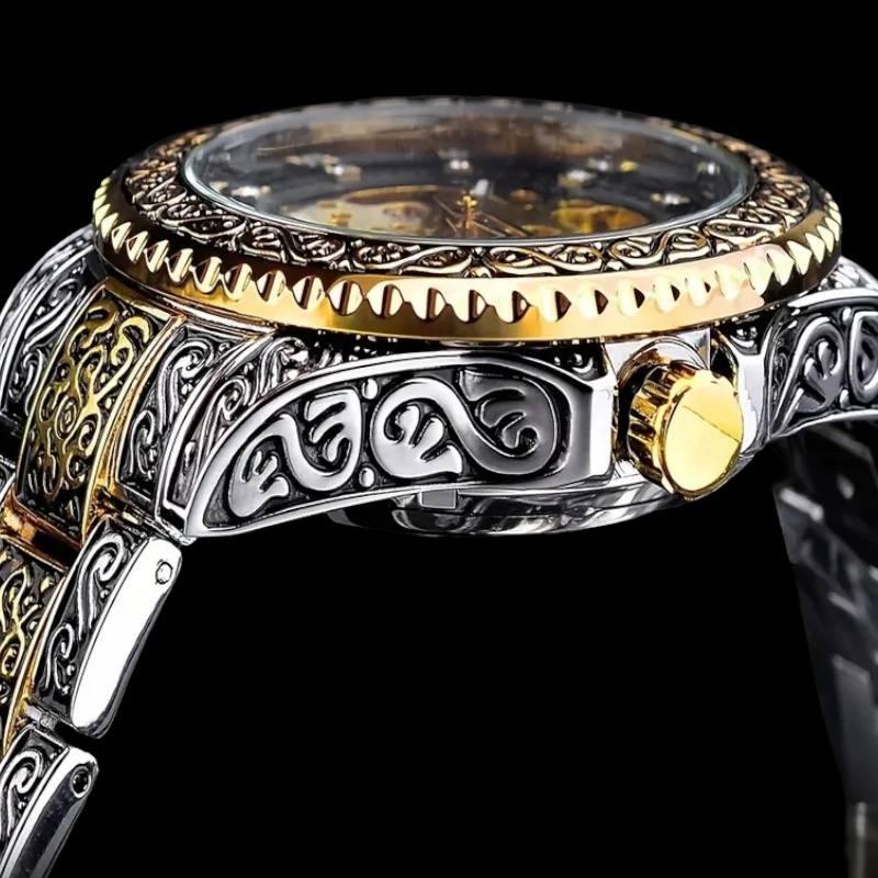 Royal Skeleton Watch – Vintage Gold & Silver Engraved Mechanical Timepiece