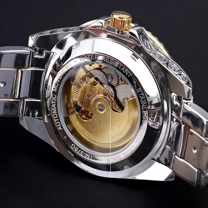 Royal Skeleton Watch – Vintage Gold & Silver Engraved Mechanical Timepiece