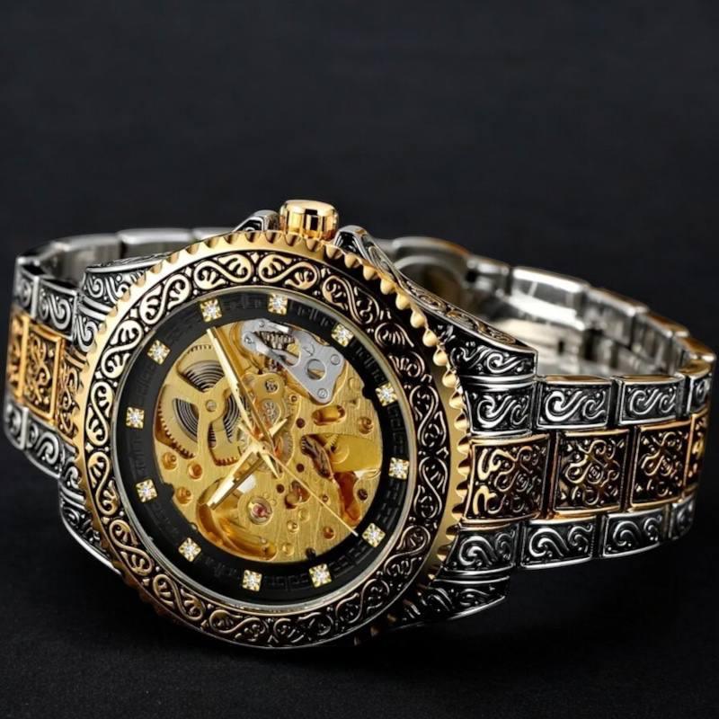 Royal Skeleton Watch – Vintage Gold & Silver Engraved Mechanical Timepiece