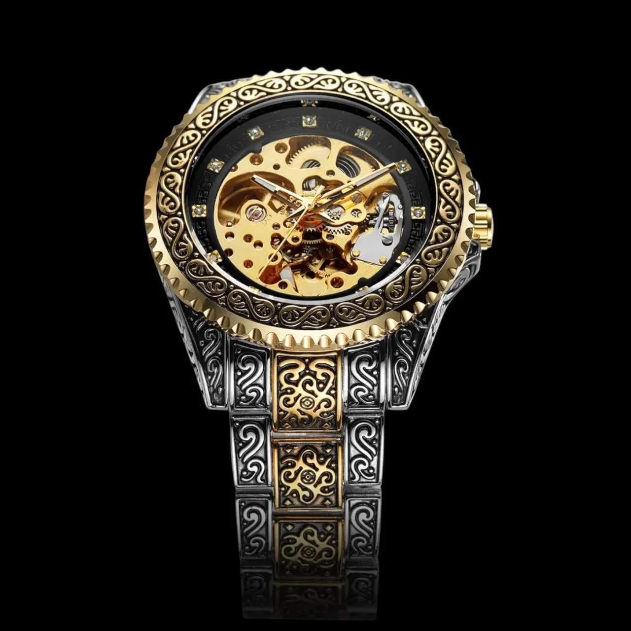 Royal Skeleton Watch – Vintage Gold & Silver Engraved Mechanical Timepiece