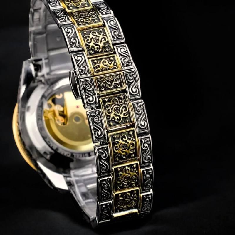 Royal Skeleton Watch – Vintage Gold & Silver Engraved Mechanical Timepiece