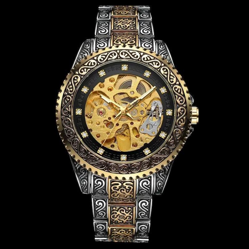 Royal Skeleton Watch – Vintage Gold & Silver Engraved Mechanical Timepiece