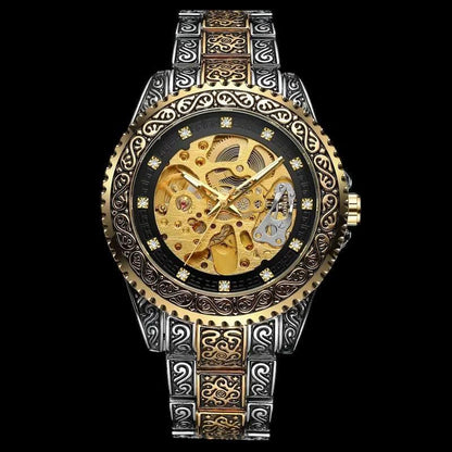 Royal Skeleton Watch – Vintage Gold & Silver Engraved Mechanical Timepiece