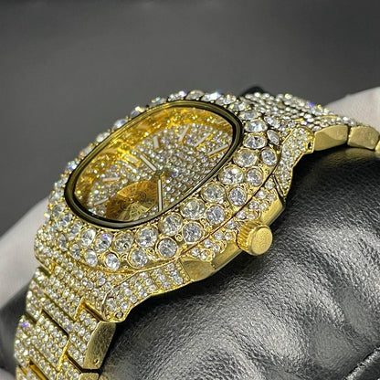 30mm Square Dial Iced Out Men’s Watch –  LuxGlow™ Stones, Golden Stainless Steel
