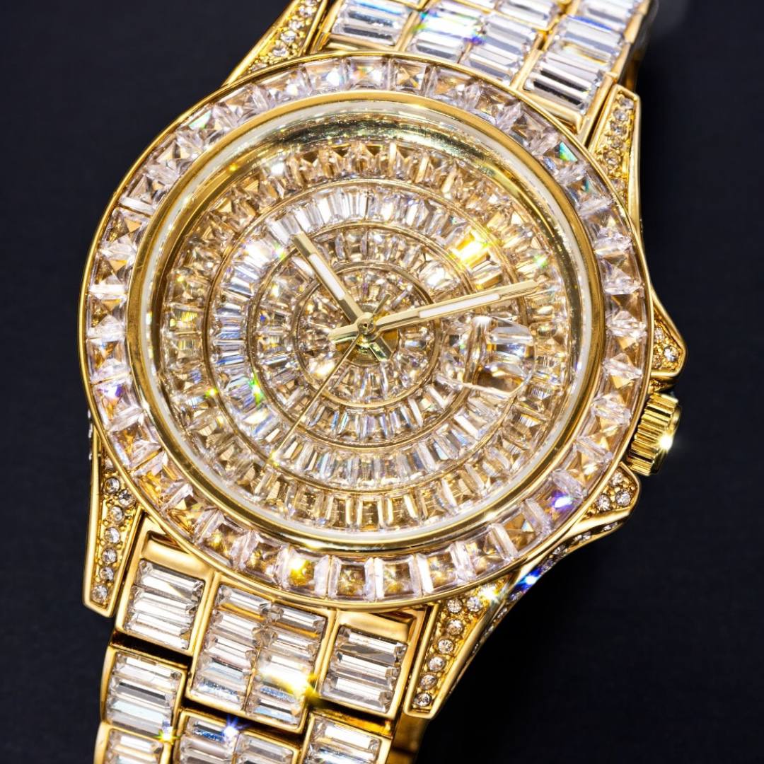 32mm Gold-Tone Stainless Steel Watch – Iced Out Round Dial with LuxGlow™ Stones