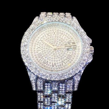 32mm Iced Out Roman Numeral Watch for Men – Stainless Steel LuxGlow™ Crystal Dial