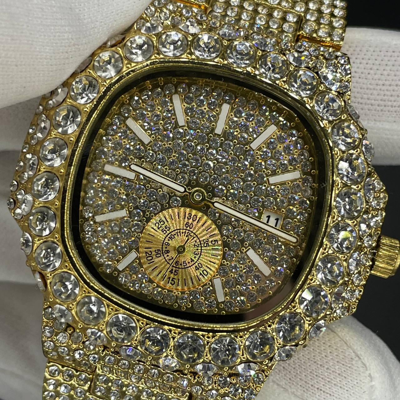 30mm Square Dial Iced Out Men’s Watch –  LuxGlow™ Stones, Golden Stainless Steel