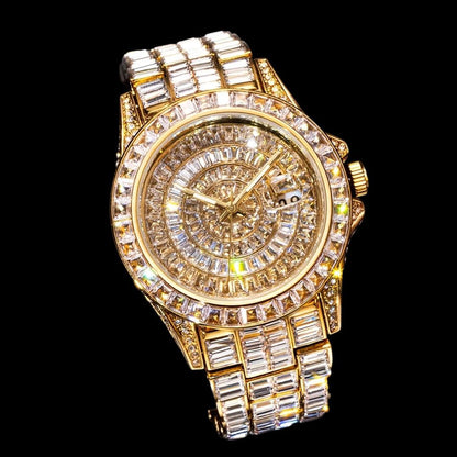 32mm Gold-Tone Stainless Steel Watch – Iced Out Round Dial with LuxGlow™ Stones