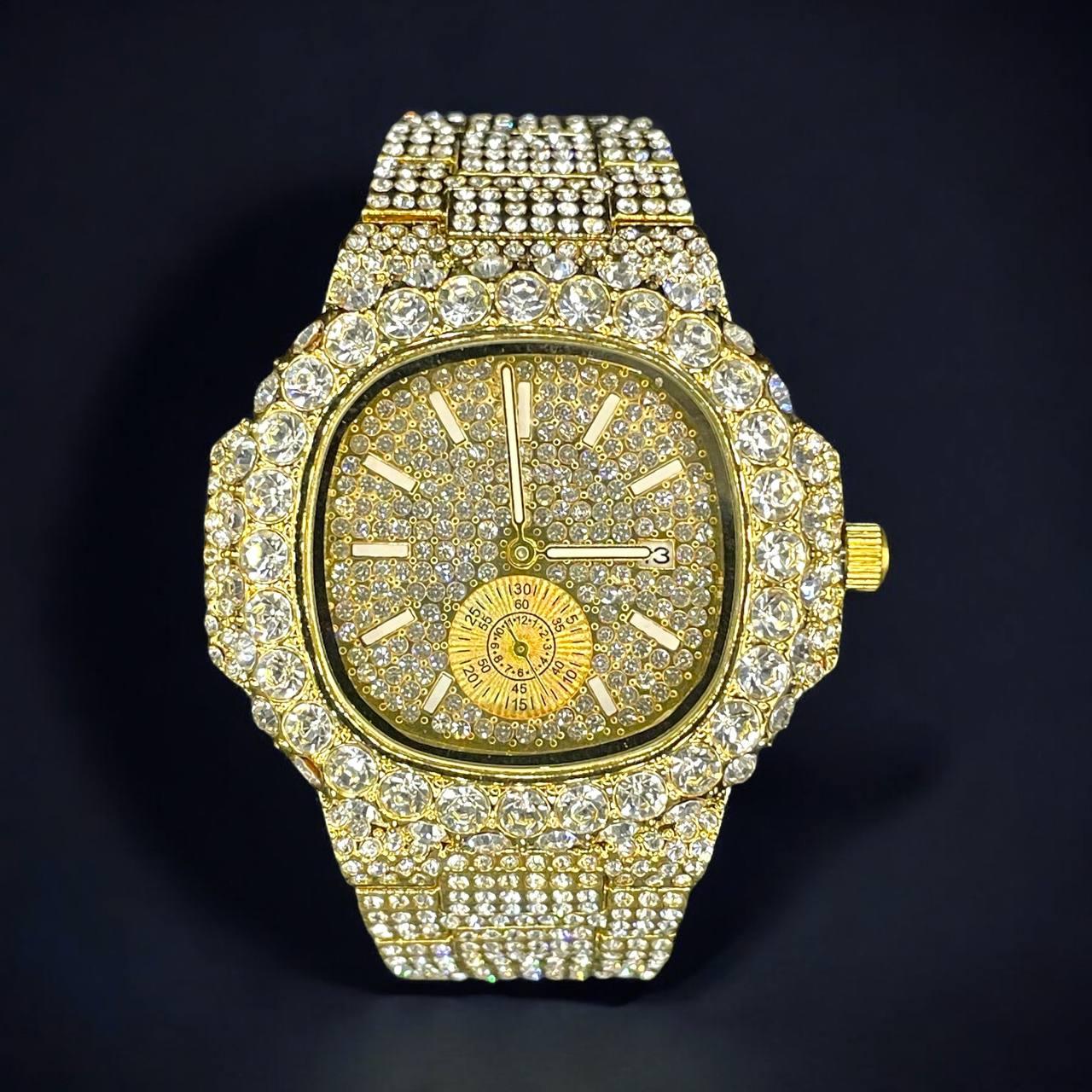 30mm Square Dial Iced Out Men’s Watch –  LuxGlow™ Stones, Golden Stainless Steel