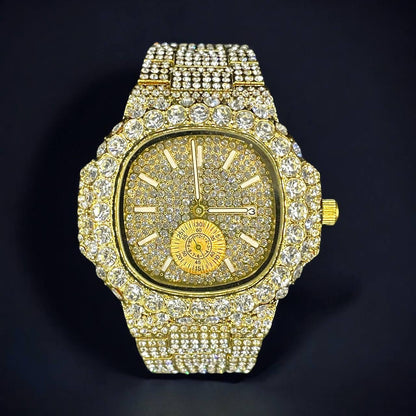 30mm Square Dial Iced Out Men’s Watch –  LuxGlow™ Stones, Golden Stainless Steel