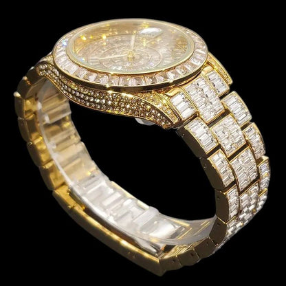 32mm Gold-Tone Stainless Steel Watch – Iced Out Round Dial with LuxGlow™ Stones