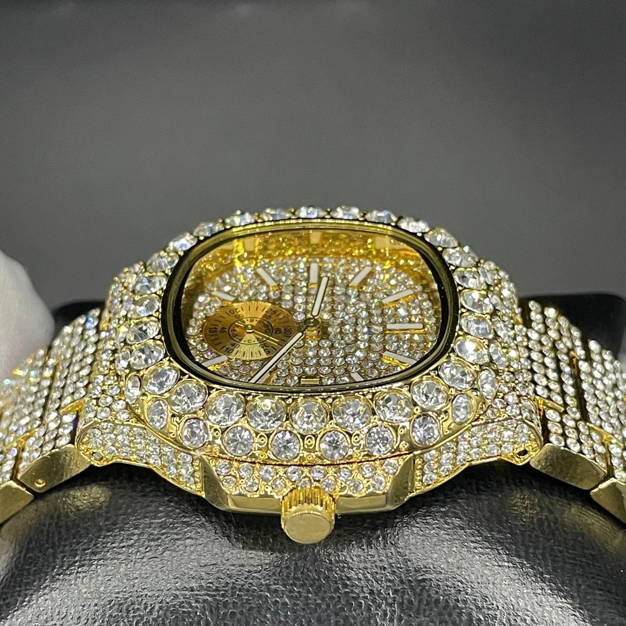 30mm Square Dial Iced Out Men’s Watch –  LuxGlow™ Stones, Golden Stainless Steel