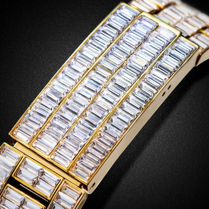 32mm Gold-Tone Stainless Steel Watch – Iced Out Round Dial with LuxGlow™ Stones