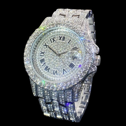 32mm Iced Out Roman Numeral Watch for Men – Stainless Steel LuxGlow™ Crystal Dial