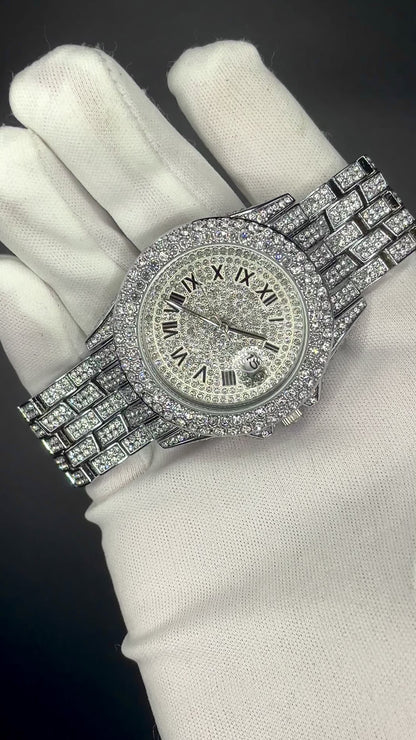 32mm Iced Out Roman Numeral Watch for Men – Stainless Steel LuxGlow™ Crystal Dial