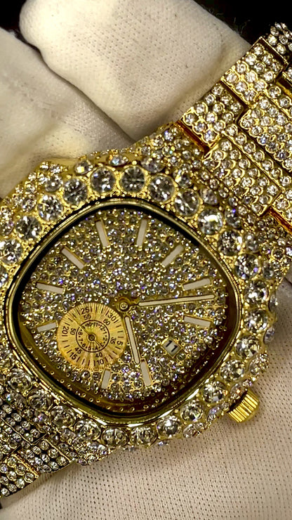 30mm Square Dial Iced Out Men’s Watch –  LuxGlow™ Stones, Golden Stainless Steel