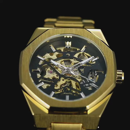 Men’s Gold Skeleton Automatic Watch – Carved Stainless Steel, Mechanical Movement