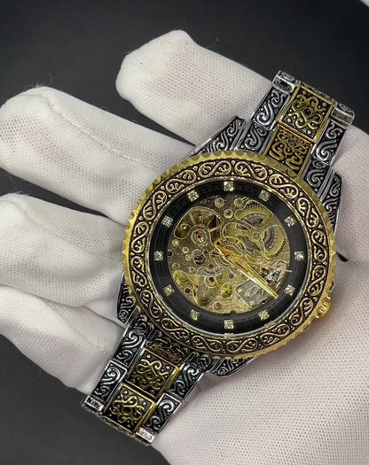 Royal Skeleton Watch – Vintage Gold & Silver Engraved Mechanical Timepiece